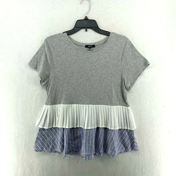 Miss Me Blouse Womens M Blue Colorblock RoundNeck Striped Peplum Tiered Babydoll - Picture 1 of 12